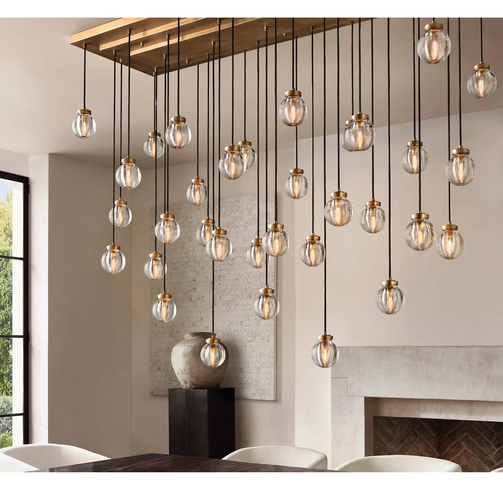 36 Inch Ribbed Glass Globe Rectangular Chandelier - Pearl