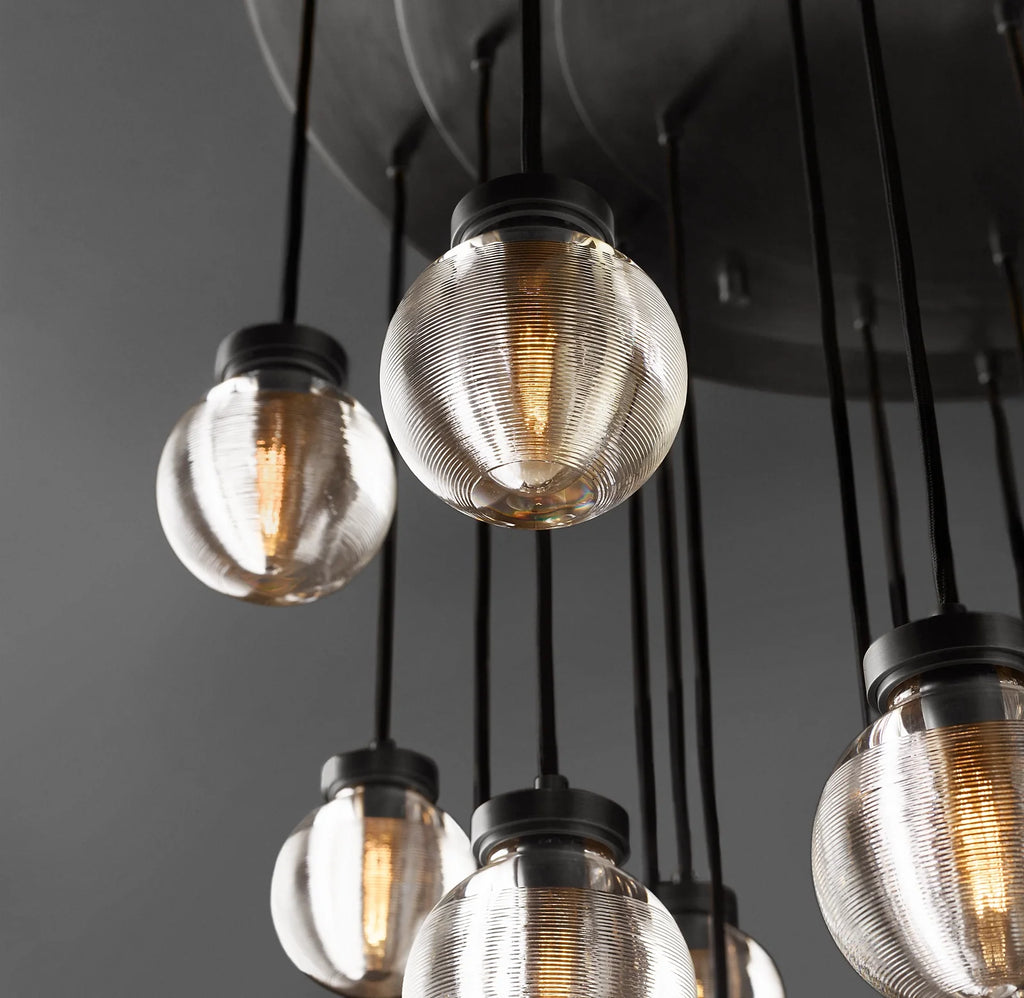 38 Inch Ribbed Glass Globe Round Pendant Chandelier - Pearl