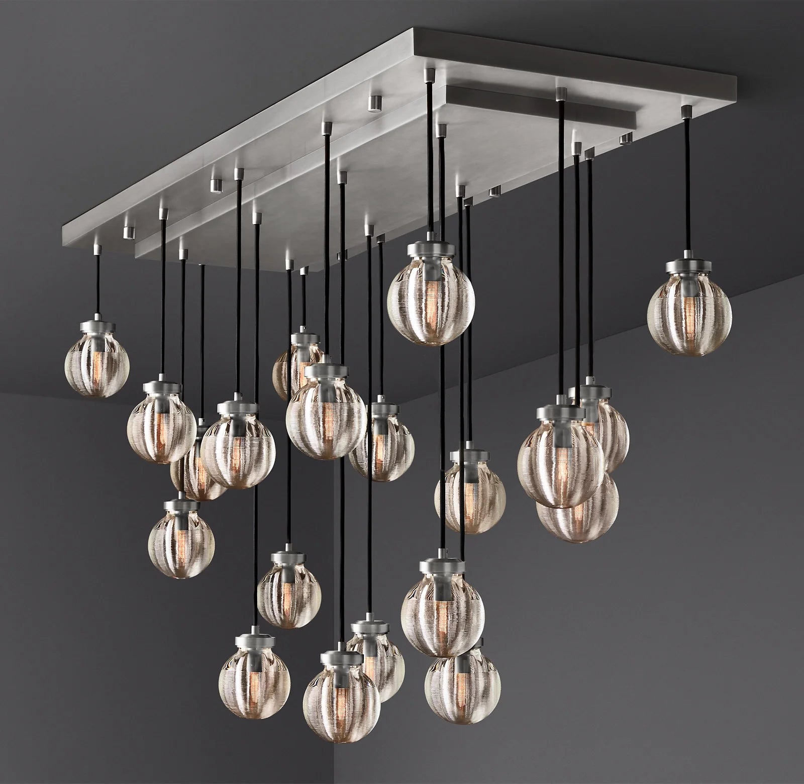 54 Inch Ribbed Glass Globe Rectangular Chandelier - Pearl