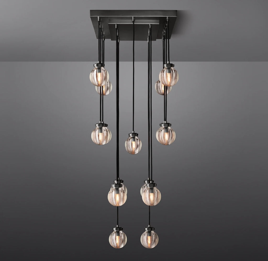 36 Inch Ribbed Glass Globe Rectangular Chandelier - Pearl