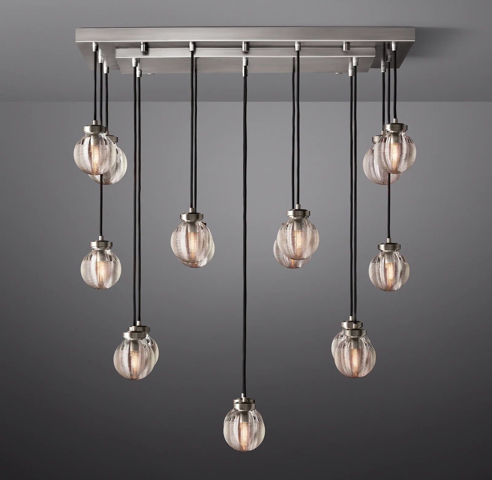36 Inch Ribbed Glass Globe Rectangular Chandelier - Pearl